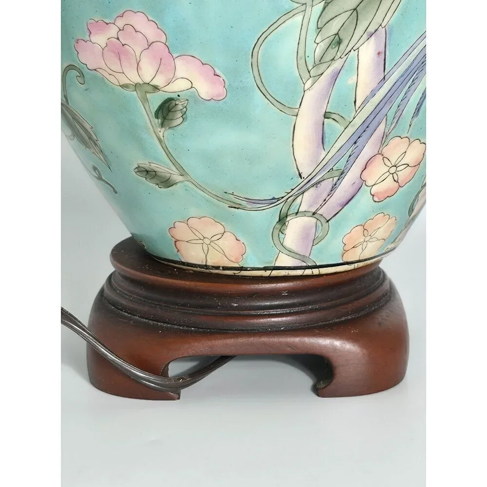 Vintage Floral Ceramic Table Lamp With Hand-Painted Bird Design On Wood Base